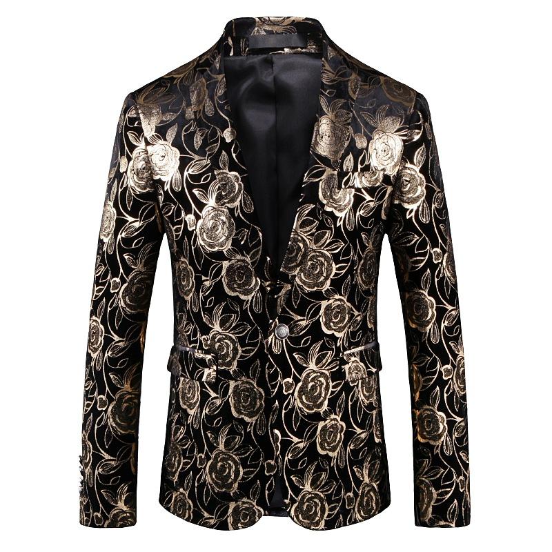 

Slim Blazers Men Jacket Fashion Gold Print Western Style Stage Costume Singer Host Musician Dancer Casual Party Business blazer, As picture