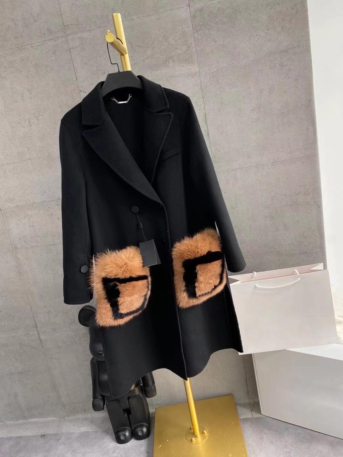

2021 Fall Mild Winter Luxury Quality Runway Fashion Design Fine 100% Wool Real Fox Fur Pockets Coat 201104, Black