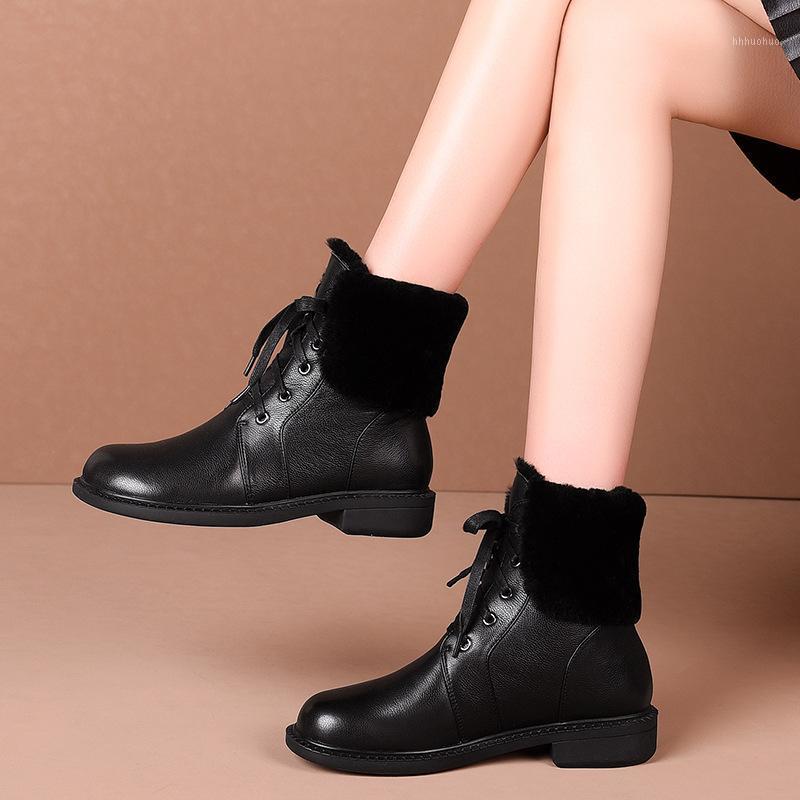 

Classic Office Women Ankle Boots 2021 Russia Winter Genuine Leather Round Toe Wool Warm Shoes Booties Woman Heel Height 3cm1, Beige