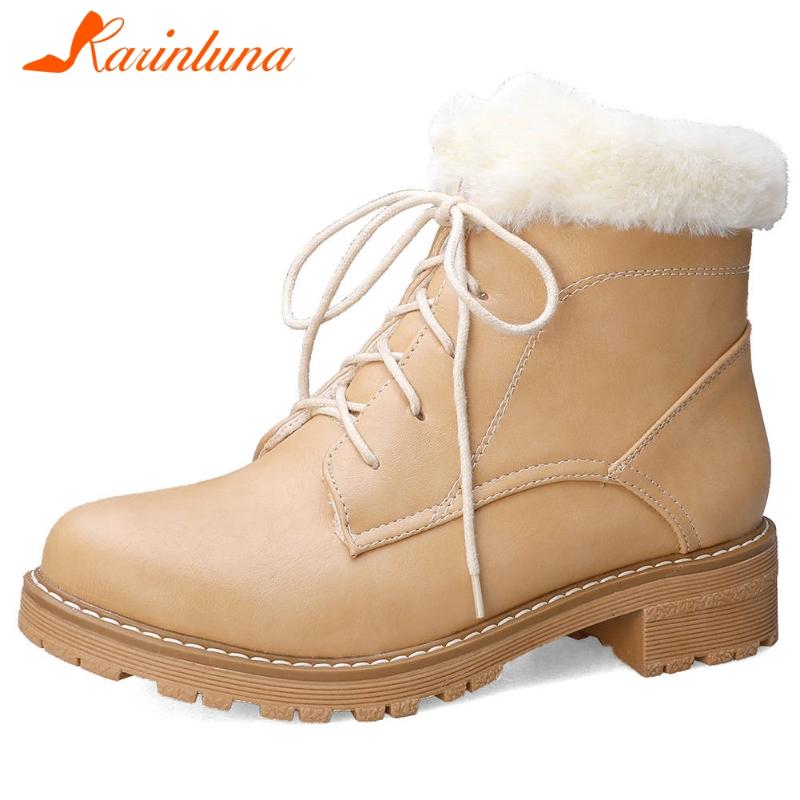 

KARIN Big Size 32-43 Ladies Warm Fur Casual Boots Chunky Heels Thick Plush Shoelace Women Boots Winter Ankle Women Shoes, Apricot