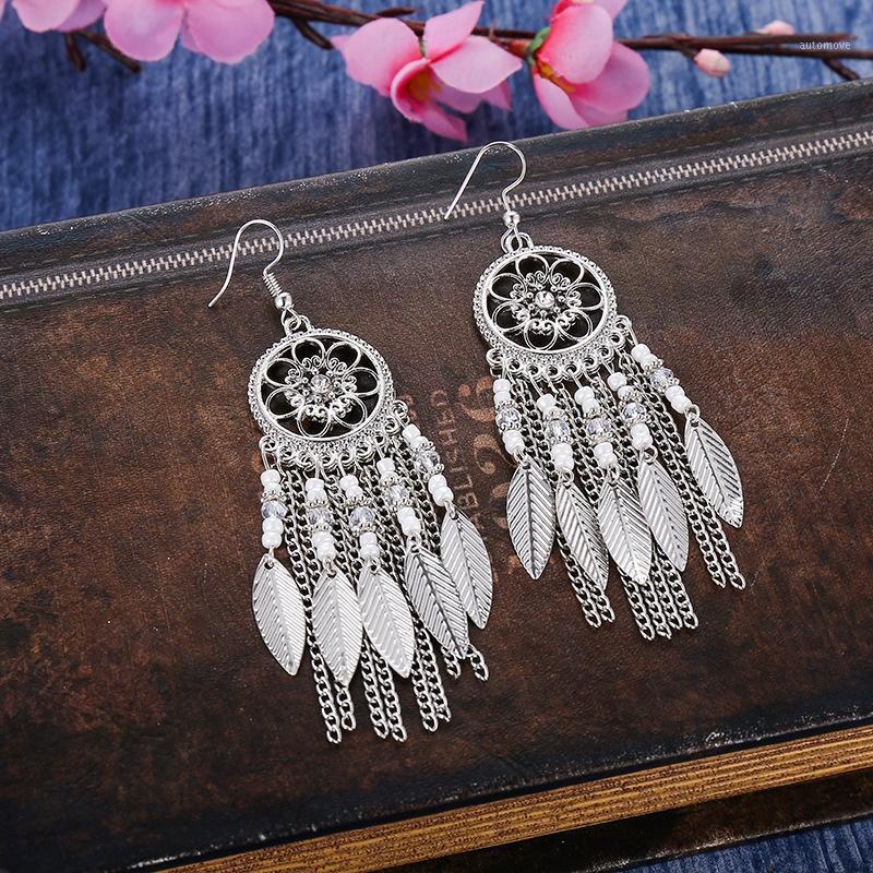 

Bohemian Silver Color Dream Catcher Leaf Tassel Earrings For Women Jewelry Long Chain Beads Drop Dangle Earrings1