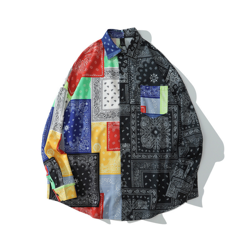 

2021 New Vintage Paisley Long Floral Shirt Men Hip Oversized Hawaiian Chess Men's Shirts Thin Black Fit Evj9, Color panel