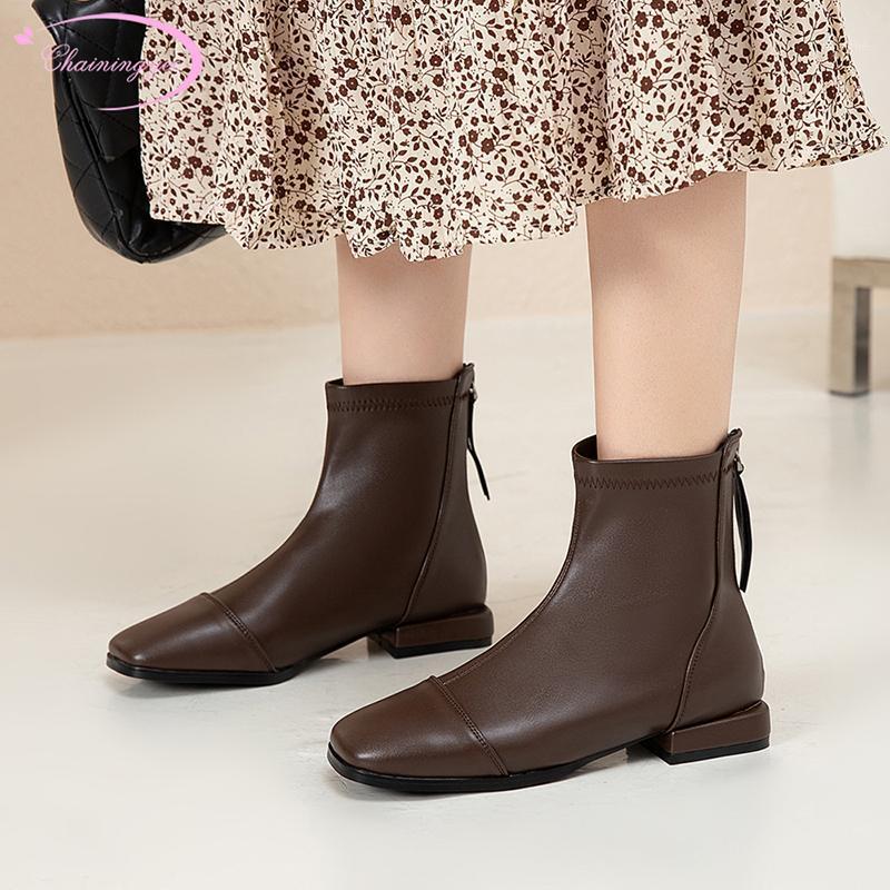 

Simple style comfortable round toe ankle boots fashion zipper beige brown black low heel chunky motorcycle boots women's shoes1