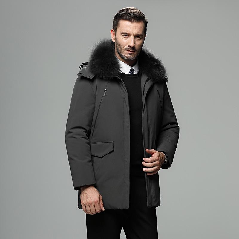 

Winter 2020 new men's down jacket dad's warm middle aged and old age hair collar hood detachable coat, Black