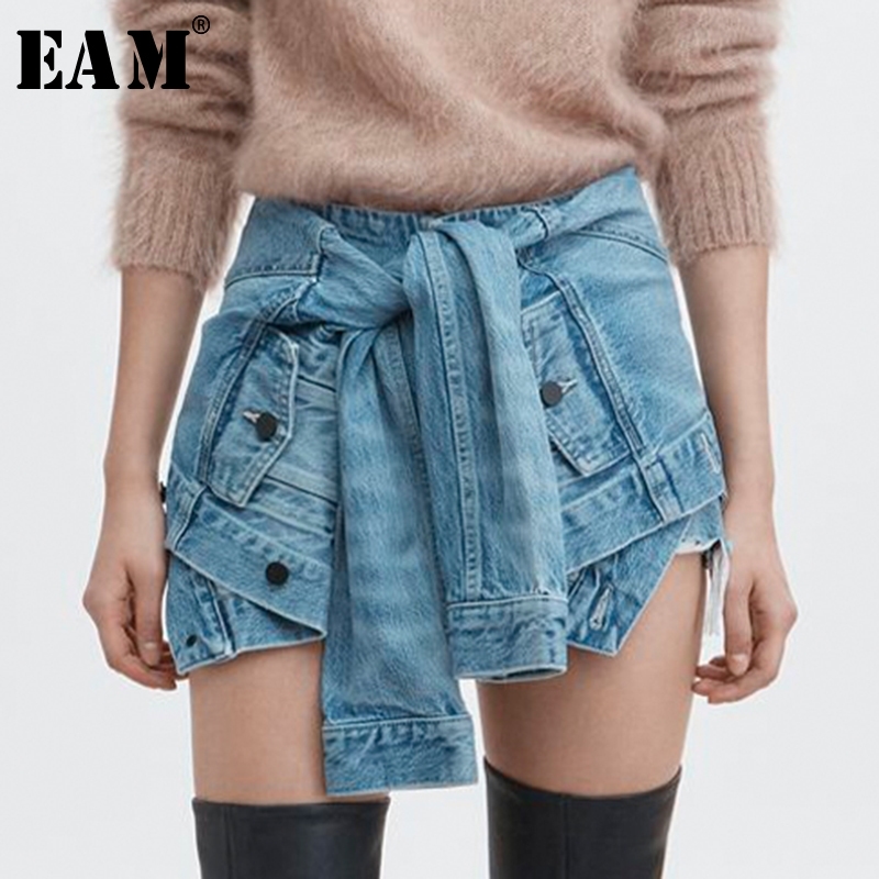 

[EAM] Spring Autumn Woman Light Blue Color High Tight Waist Lace-up Pleated Furr Spliced Irregular Short Pants LI182 Y200403
