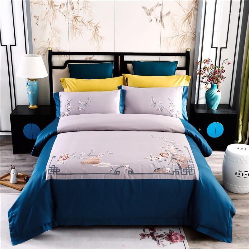 

Vintage Chinoiserie Embroidery Duvet Cover with Zipper Soft Cotton Patchwork Bedding 1pc duvet cover 1pc bed seet 2 pillowcases1, Color 2