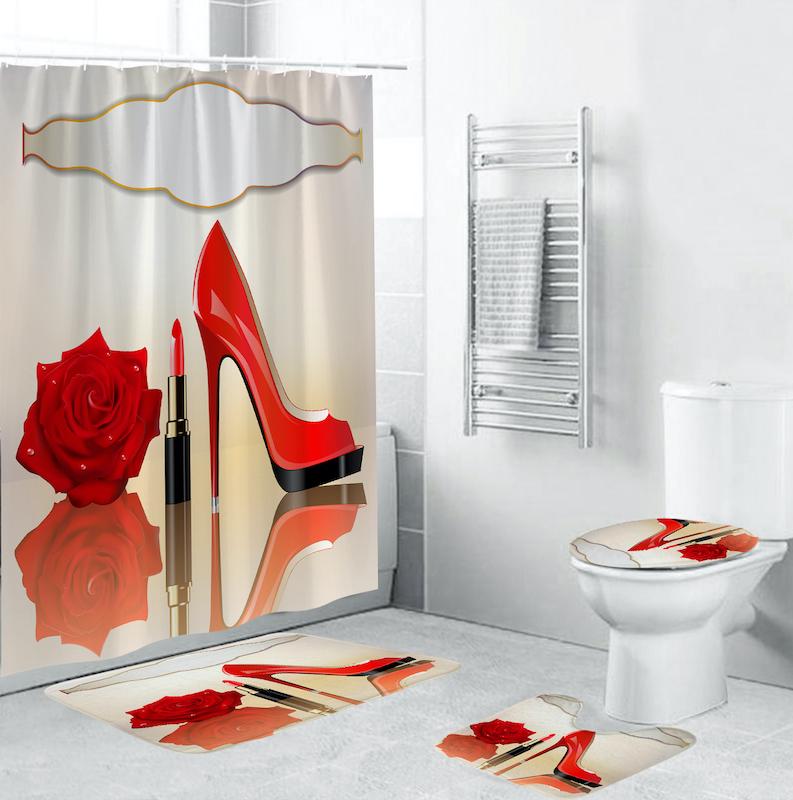 

Red Stiletto Design Waterproof Shower Curtain Toilet Cover Mat Non-Slip Carpet Home Decoration