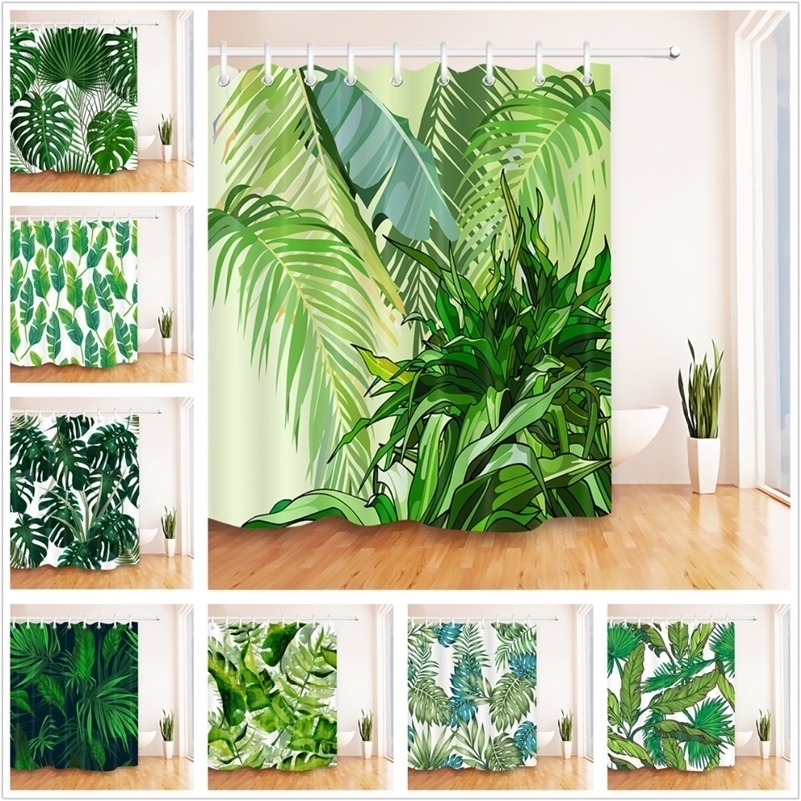 

Green Leaves White Shower Curtain Tropical Jungle Bathroom Nature Waterproof Mildew Resistant Polyester Fabric For Bathtub Decor 201128