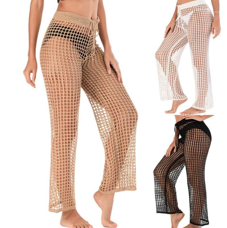 

Beach Handmade Crochet Hollow Out Bandage Elastic Waist Shell Pants Sunscreen Fishing Net Trouser1