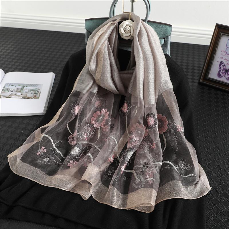 

Elegant Embroidery Silk Scarf for Ladies Wool Shawls Wraps Hijab Women Foulard Female Beach Stoles Bufanda 2020 New