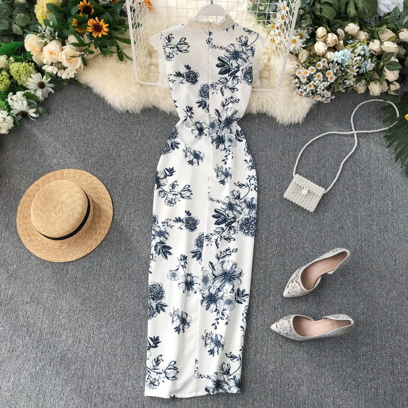 

Women Sexy Floral Bow Print Long Cheongsam Women's Dresses High-waisted Dress Thin Vintage Ladys Dressed Chinese Style Wetx, White