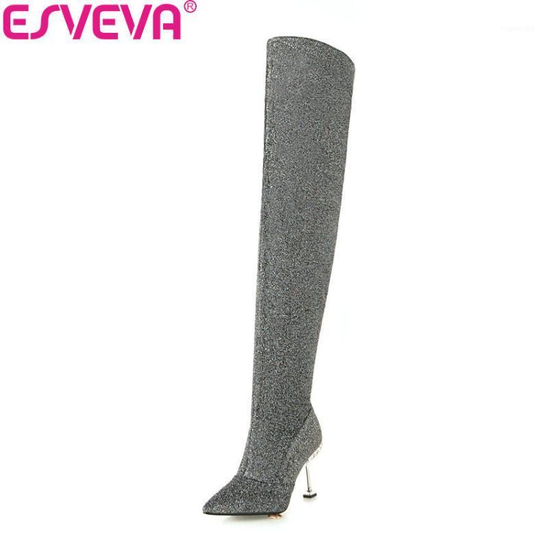 

ESVEVA 2020 Women Over The Knee Boots Sequins PU Thin High Heels Pointed Toe Autumn Spring Boots Zip Ladies Shoes Size 34-431, Black