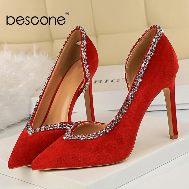 

BESCONE New Mature Women Pumps Bling Decoration Pointed Toe Slip-On High Quality Super High Shoes Women Sexy Elegant Pumps BM450, Black