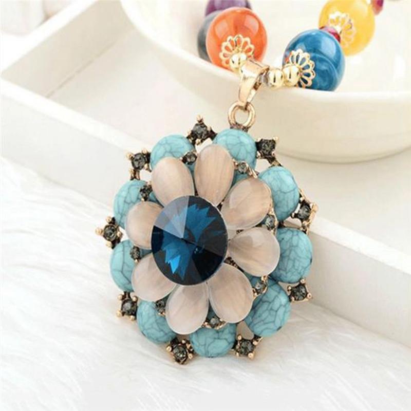 

Bohemian Style Women Fashion Colorful Natural Stone Flower Bead Long Pendant Sweater Necklace Jewelry Accessories