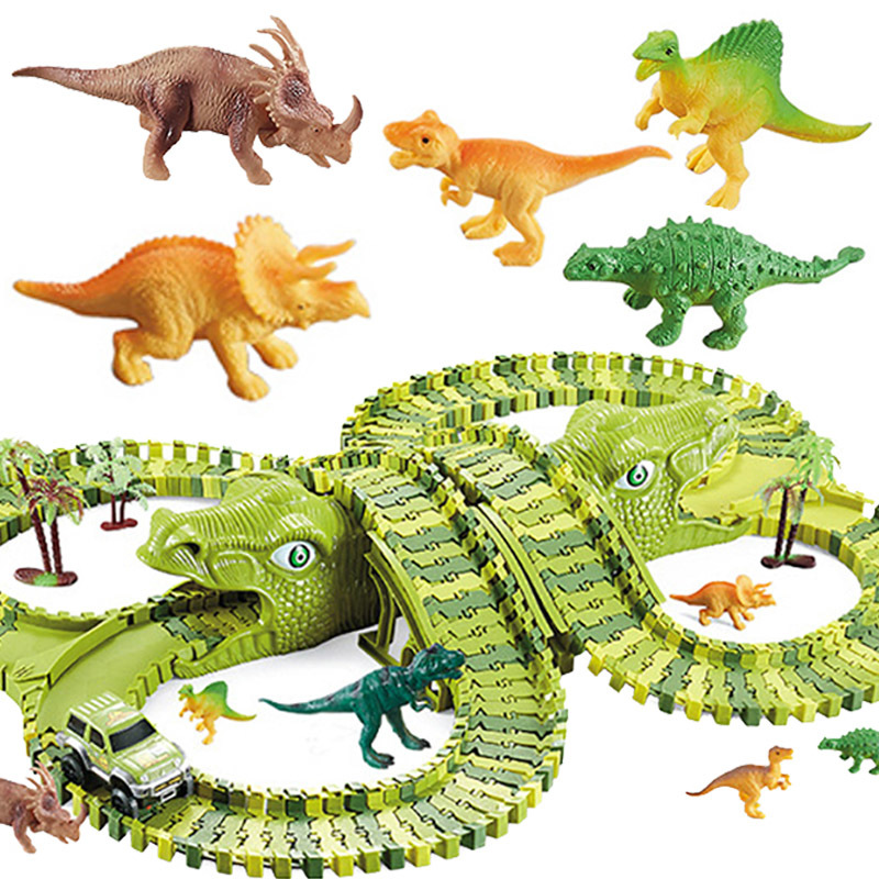 

Dinosaur Railway Magical Racing Play Set Educational DIY Bend Flexible Race Track Electric led Light Car Toys For children