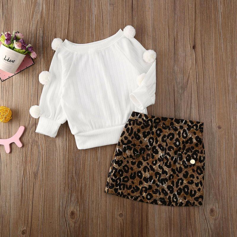 

Fashion Baby Girl Kids Clothes Set Long Sleeve Warm Knitted Sweater Tops Leopard Print Skirt Clothes Set Children Clothing, As pic