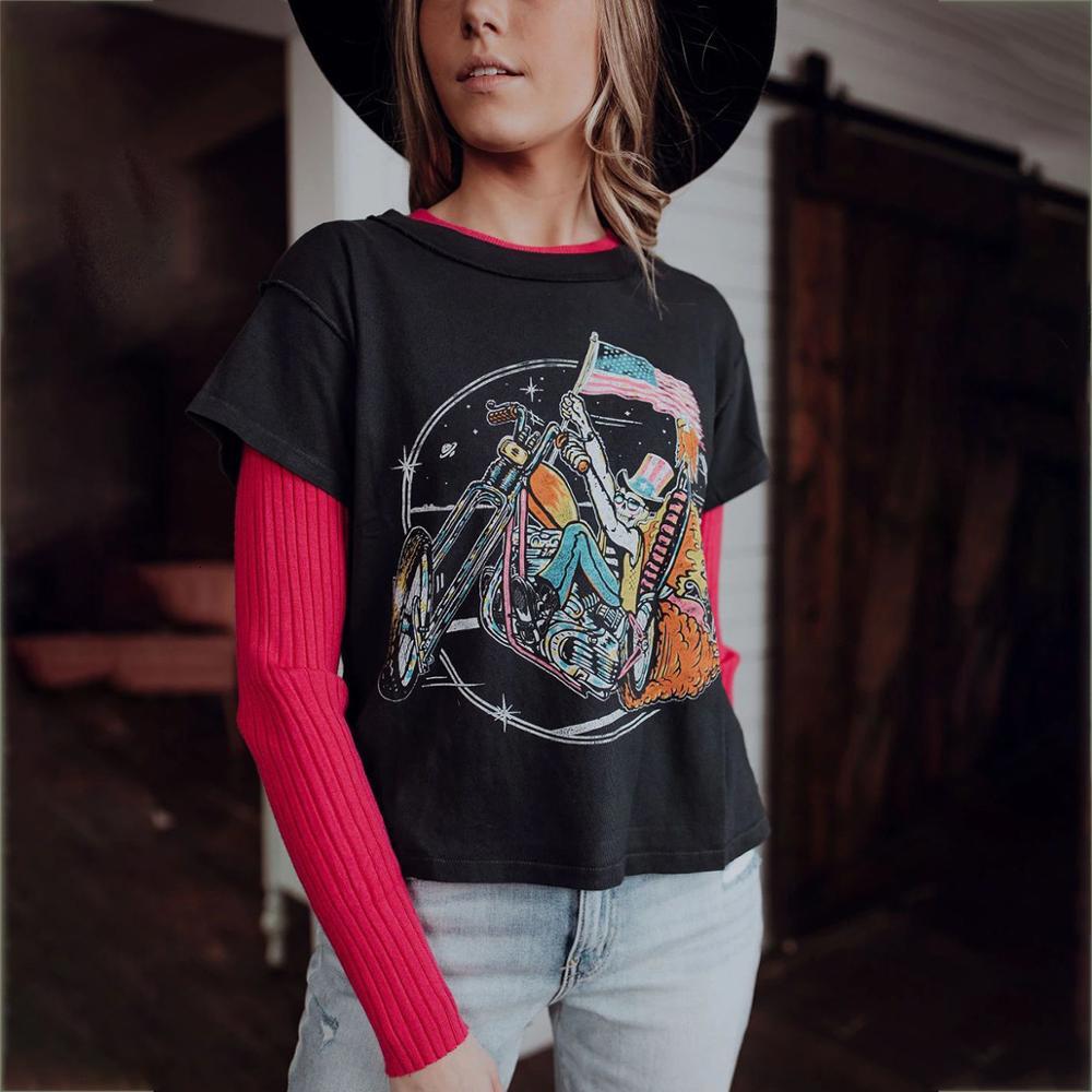 

2021 New Rolling Tee Women Summer Black Short Sleeve o Neck Casual t Shirt Cotton Biker Graphic Tees Boho Vintage Tshirt Tops B72c