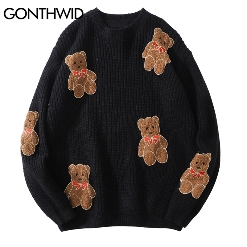 

GONTHWID Embroidery Bears Knitted Jumper Sweaters Streetwear Hip Hop Men Harajuku Casual Knitwear Sweater Fashion Tops Male 201201, Black