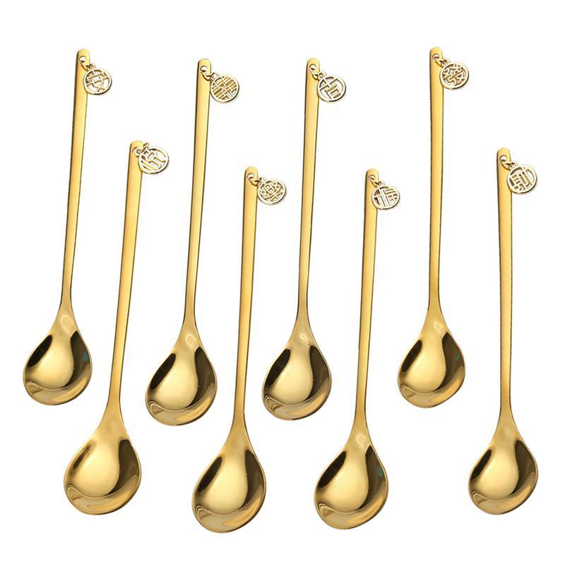 

8pcs Chinese Style Dessert Spoons Ice Cream Spoon Stainless Steel Coffee Scoops