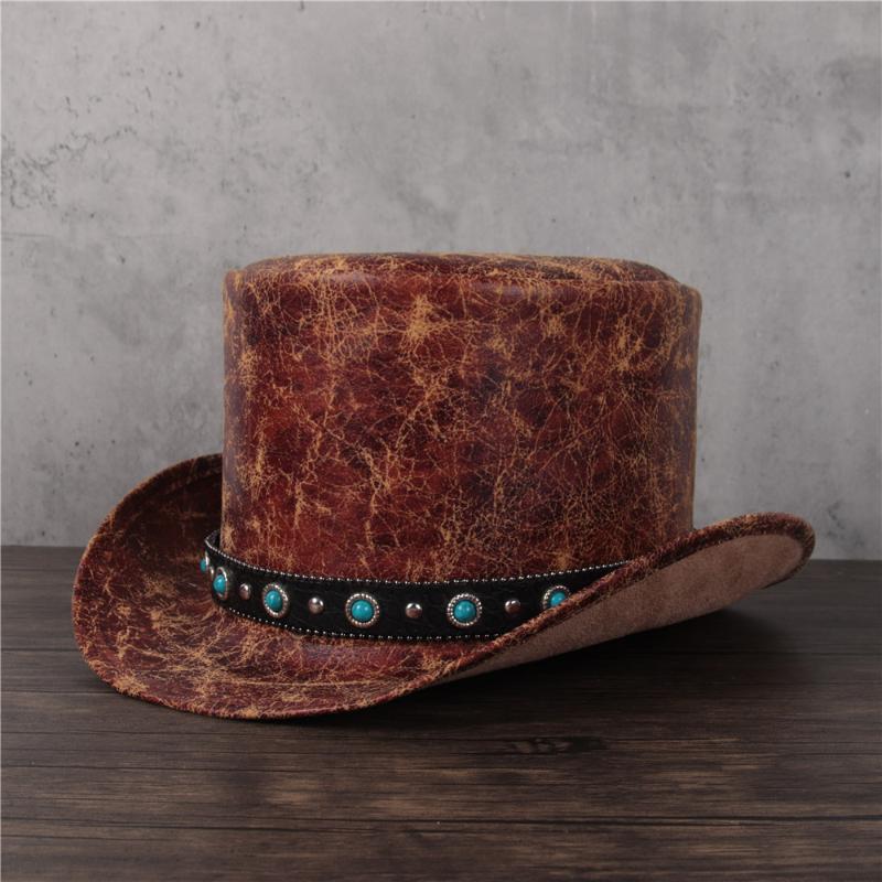 

2021 Women Men Leather Top Hat Shower Lday Fedora Hat Magic Flat Steampunk Cosplay Pork Pie Party Cap, Gold