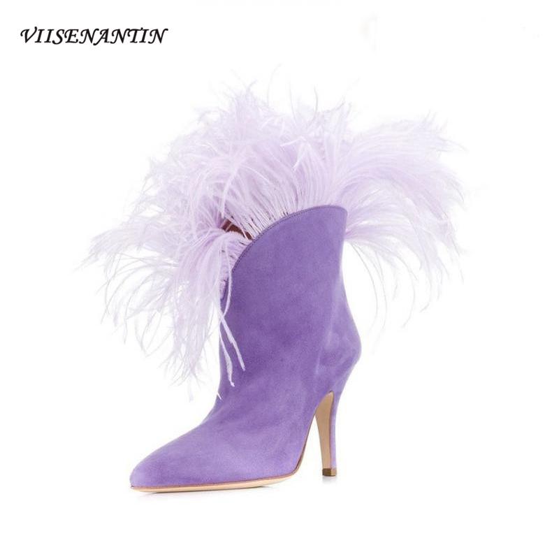 

2020 New Ostrich Hair Short Boots Pointed Toe Women's Shoes Stiletto Sleeve Fashion Women's Boots, Purple