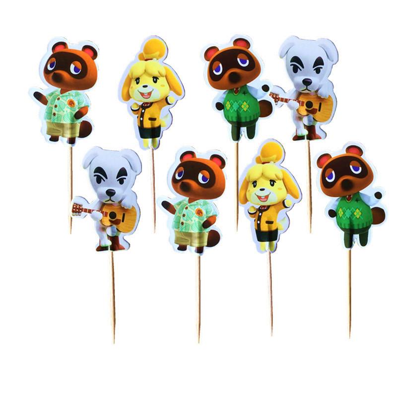 

24PCS Baby Shower Party Decorate Girls Boys Kids Favors Happy Birthday Cupcake Toppers With Sticks Animal crossing Cake Topper