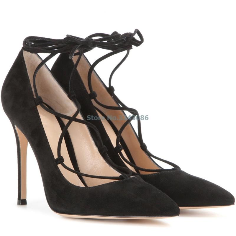 

Pointed Toe Cross Tied Thin High Heel Shoes Black Creamy White Faux Suede lace Up Ballet Shoes Classics Women Banquet Pumps, As picture