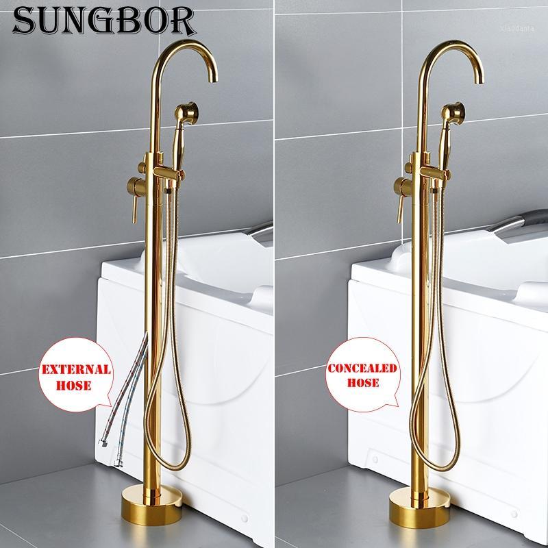 

Bathtub Faucet Gold Round Spout Single Handle Mixer Water Taps Bathroom Bath Hand Shower Floor Mounted Tub Faucet Set HD-2678K11