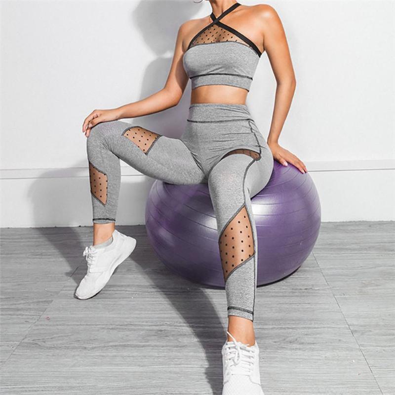 

Tracksuit For Women 2 Piece Yoga Set Mesh Patchwork Bra+Long Pants Sportsuit Female Gym Fitness Running Sport Suit Sportswear, As pic