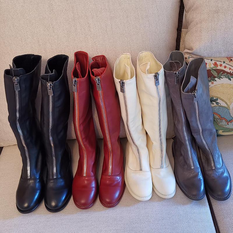 

Italian gujia fashion genuine leather boots, sheepskin lining, black, white, red, brown, hand rubbed, natural pleated cowhide
