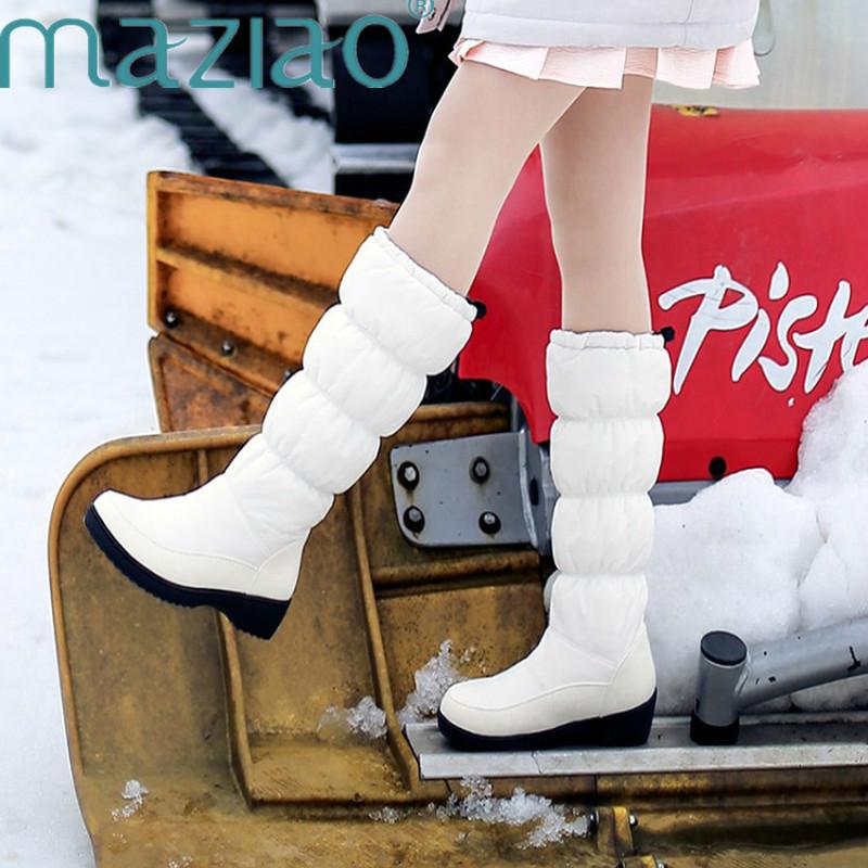 

2020 Fashion Warm Snow Boots Women Round Toe Pu Leather Warm Down Mid-Calf Boots Thick Fur Ladies Winter Waterproof MAZIAO, Black