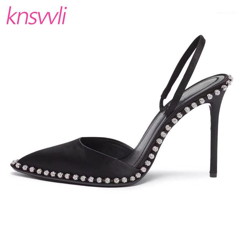 

Crystal Studded High Heels Women Pumps Pointed Toe Satin Slingbacks Ladies Thin Heel Sandals Woman Summer Stiletto Runway Shoes1, Yellow