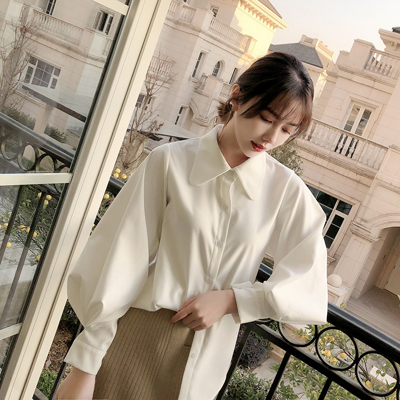 

2021 New Fashion Shirt Lantern Long Sleeve Women Shirts Solid Stand Collar Office Blouse Womens Tops and Blouses Zdmr, White