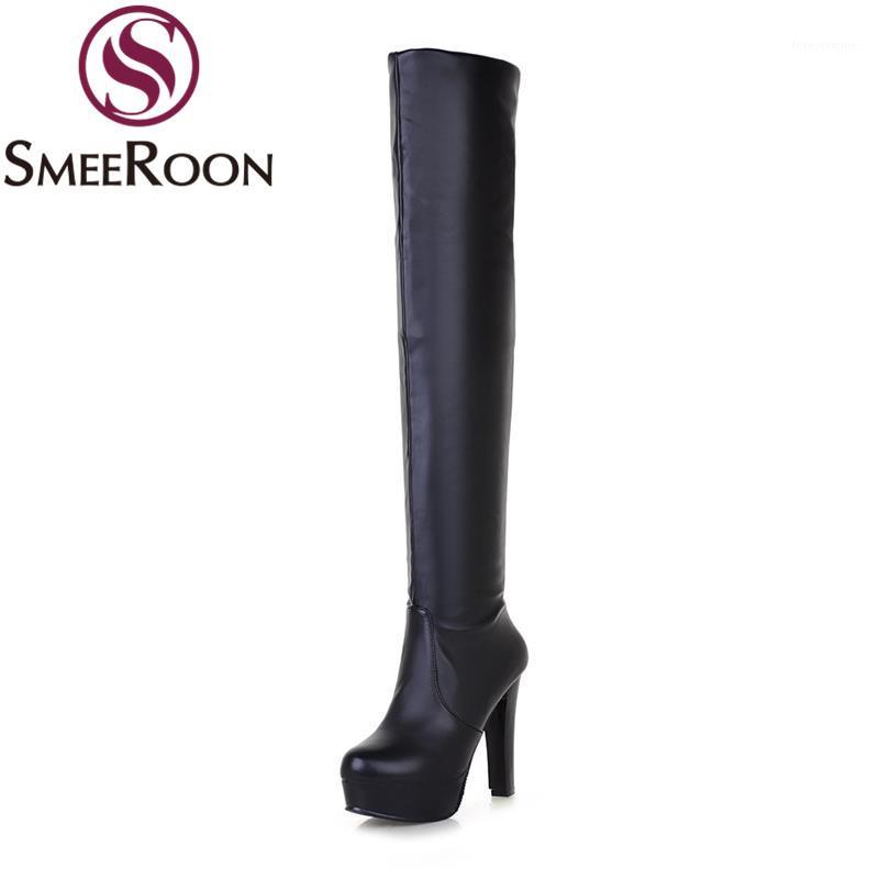 

Smeeroon over the knee boots platform look slimmer high heels boots engagement round toe winter waterproof women shoes1, Black