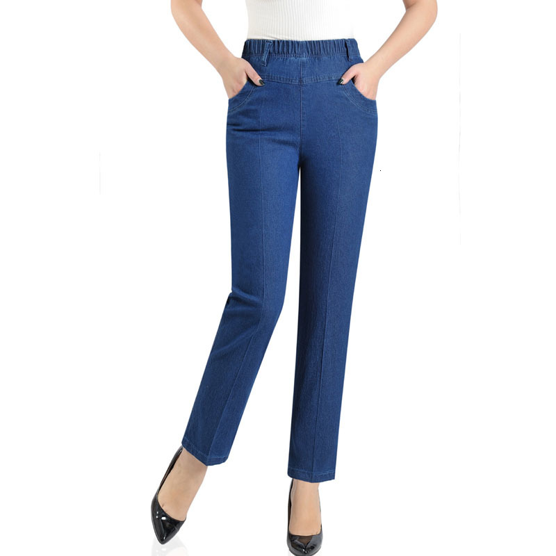 

Women's Middle-aged Will See New Section Elastic Waistband Dening Pants Big Casual Size Breeches Straight Ahy0, Navy blue.
