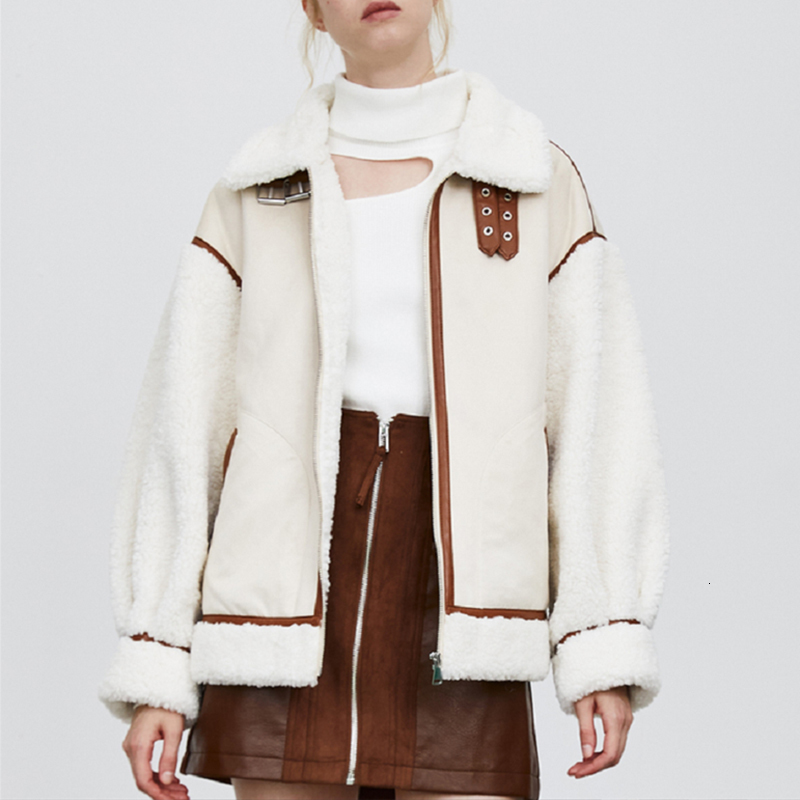 

2021 New the Winter of Women in Female Lambskin Coat Turndown Beige Suede Jacket Oversized 8SXH