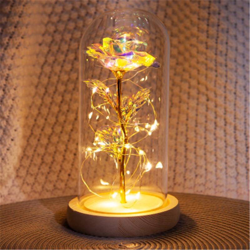 

LED Light Artificial Rose Enchanted Forever Flower Gold Foil Rose Valentine's Day Creative Gift Flower In Glass Dome Party Decor, Wood base