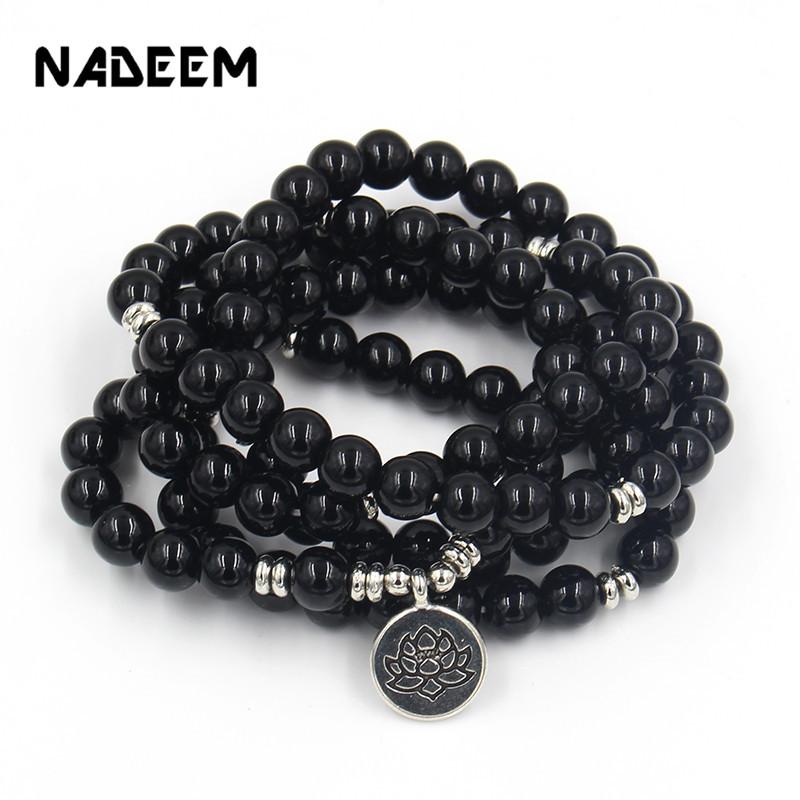 

New 108 Mala Black Onyx Stone With Lotus OM Buddha Charm Yoga Bracelet Necklace Women Men Natural Stone Yogi Bracelet Jewelry