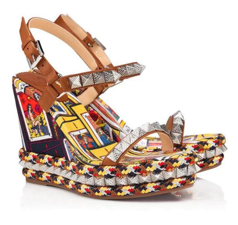 

Summer Designer Name Brand Women Red Bottom Wedges Sandals Madmonica Wedge,smooth leather Sexy Ladies Red Sole High Heels Ankle Strap Studs Gladiator, Black