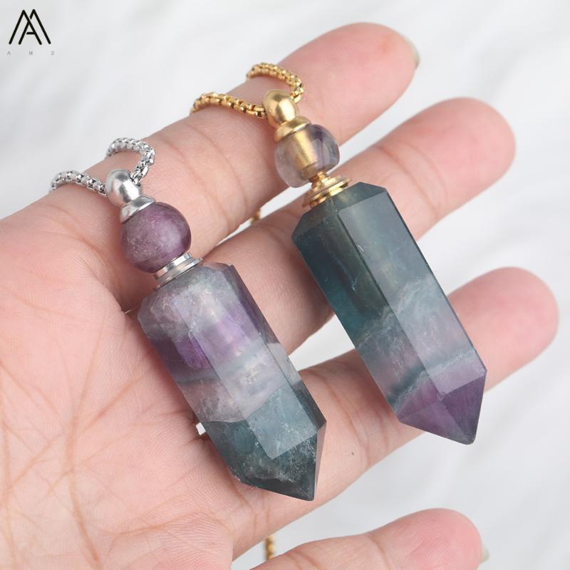 

Natural Rainbow Fluorite Stone Hexagon Perfume Bottle Pendant Necklace Women Gold Silvery Gems Stone Perfume Jewelry DSS-182AMCB1