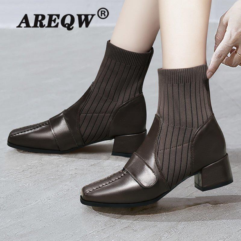 

Woman Boots Ankle Short Boots Flock Pointed Toe Square Heels Winter Booties Woman 2020 Slip On Women, Black