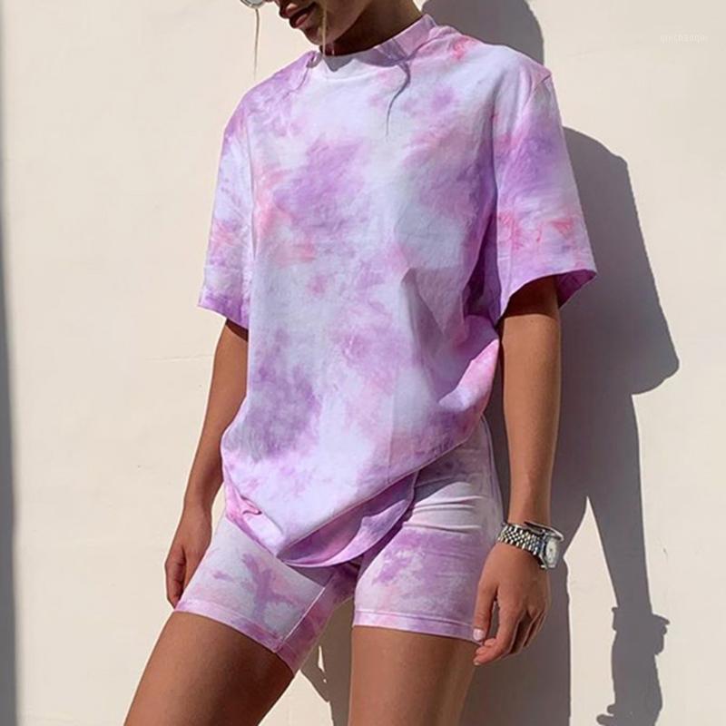 

Women' Gradient Casual Outfits Tie-dyed Printed Trainning Suit Crewneck Short Sleeve 2 Piece Short Sport Set Pajamas #31, Blue