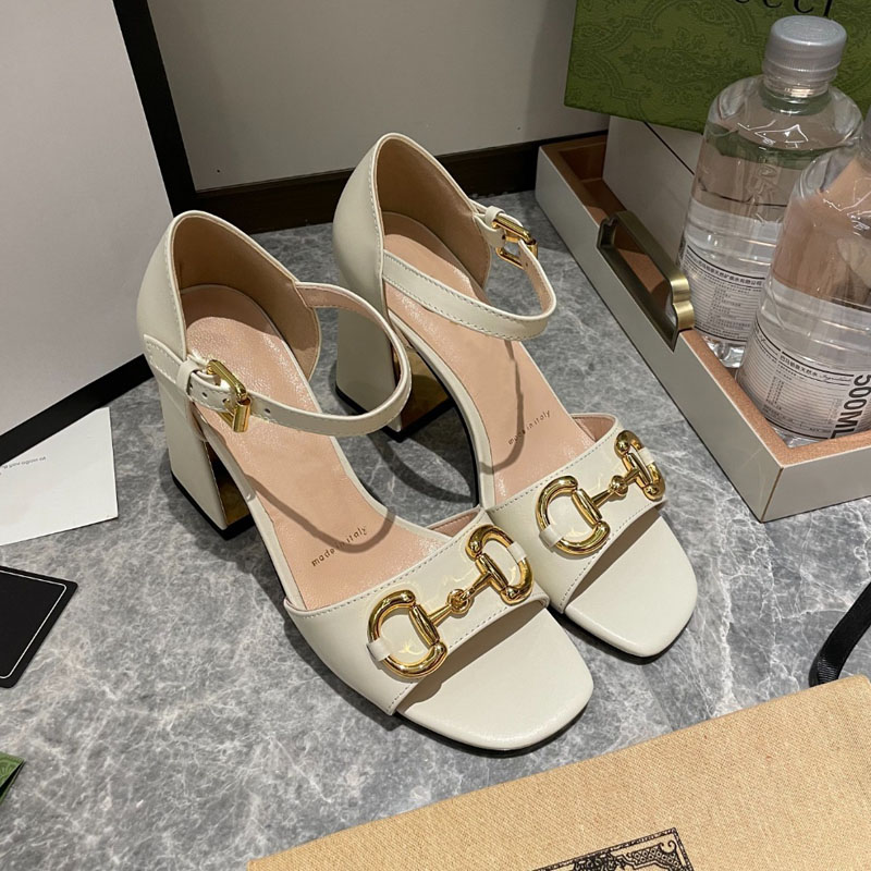 

Luxury High heeled White sandals party fashion 100% leather women Dance shoes designer sexy heels Suede Lady Metal Belt buckle Thick Heel Woman Loafers size 35-42