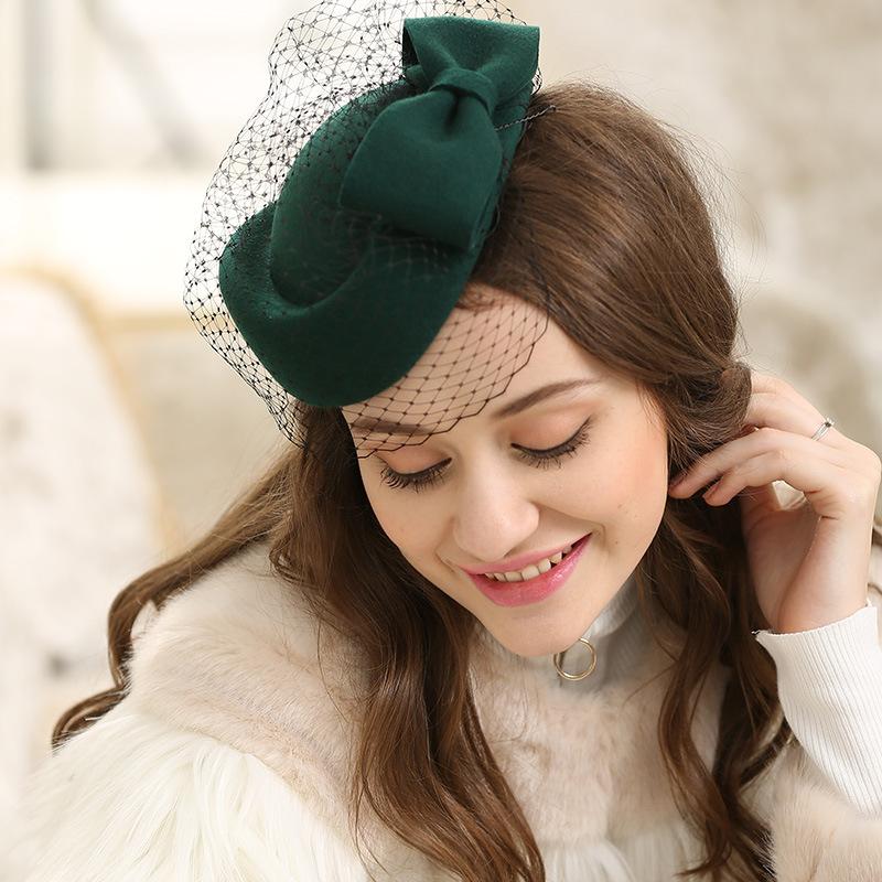 

QPALCR Elegant Wool Felt Hat Women Mesh Pillbox Hat Lady Wedding Party Fedora Red Green Vintage Berets Cocktail Hats, Black