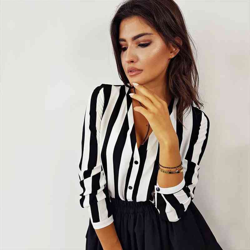 

hirigin summer fashion womens vertical stripes shirts long sleeve v-neck blouses blusa de las mujeres camisas dropshipping, White
