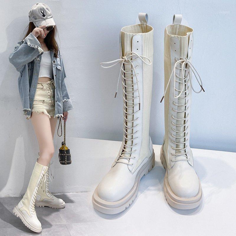 

Women's Boots Lace-up Knee-high Casual Shoes Black Colour Slim Woman Shoes Weave Sock Boots for Winter and Autumn1, Beige-low
