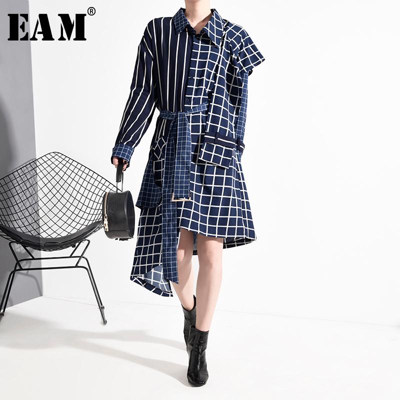 

EAM] Women Blue Plaid Split Big Size Shirt Dress New Lapel Long Sleeve Loose Fit Fashion Tide Spring Autumn 2020 1D75805