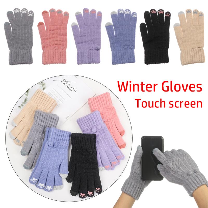 

Cute Cartoon Cat Gloves Women Girls Winter Thicken Warm Knitted Gloves Full Finger Touch Screen Mittens Soft Stretch Mittens