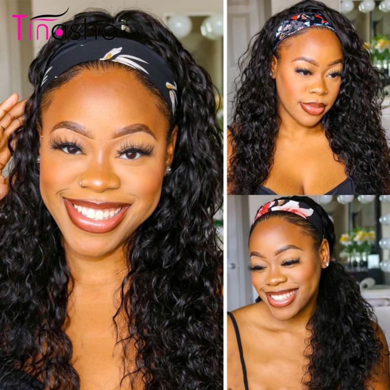 

Tinashe Headband Wig Water Wave Wig 150 Density Brazilian Chic Scarf Head Band Wigs For Black Women Lace Front Human Hair Wigs, As pic