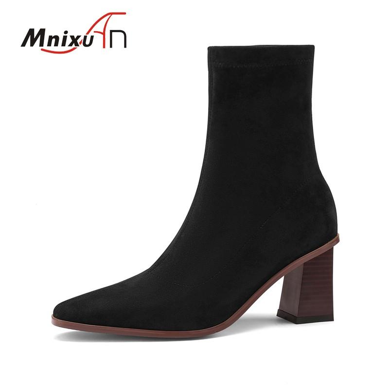 

Luxury suede designer boots women mid calf boots shoes 2020 new autumn winter square toe block high heels slip on black booties